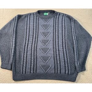 Vintage Winch‎ Sweater Men 52/54 Blue Cable Knit Geometric Chevron Print Holiday